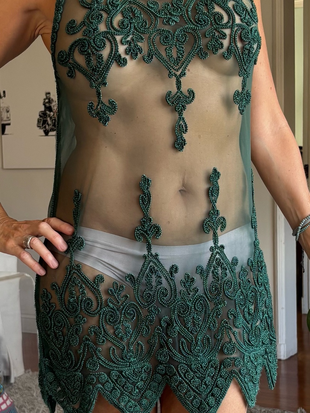 Sheer Beaded Emerald Green Swim Cover-Up. size M